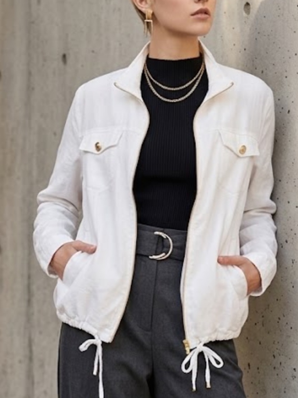 Ellen Tracy linen blnd Lightweight White Utility Bomber Zip Jacket L
